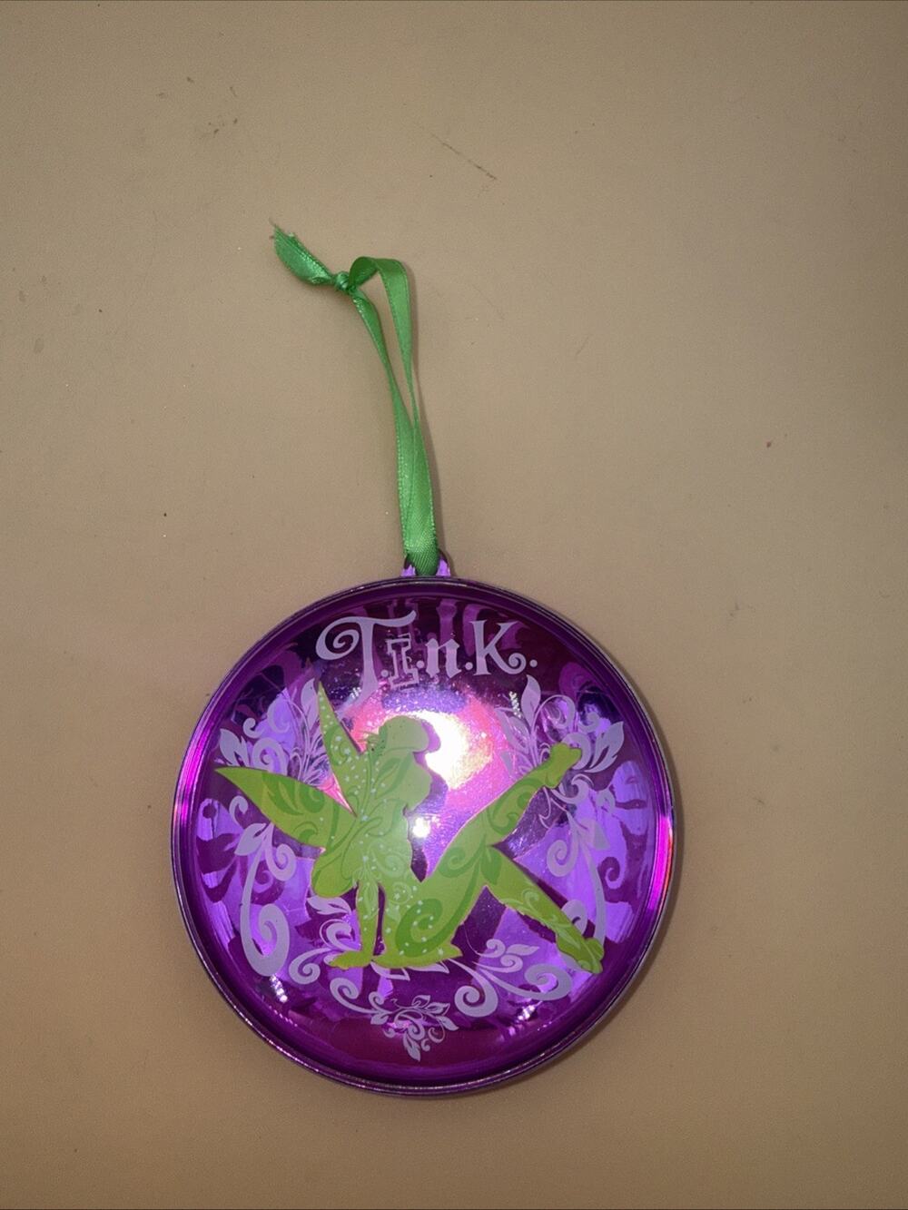 Disney Tinkerbell Ornament Christmas (Green Tink on a Pink Background)